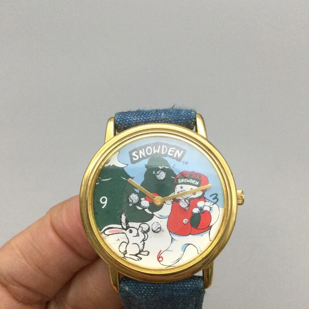 Vintage Snowden Womens Watch 34mm SNOQA09B-20 Denim Strap Snowman New Battery